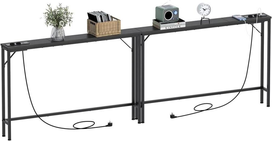 Smalle Consoletafel met Laadstation – 15 cm Breed Bijzetmeubel met Stalen Frame – Industrieel Design voor Hal Woonkamer of Kantoor (Vintage Bruin)