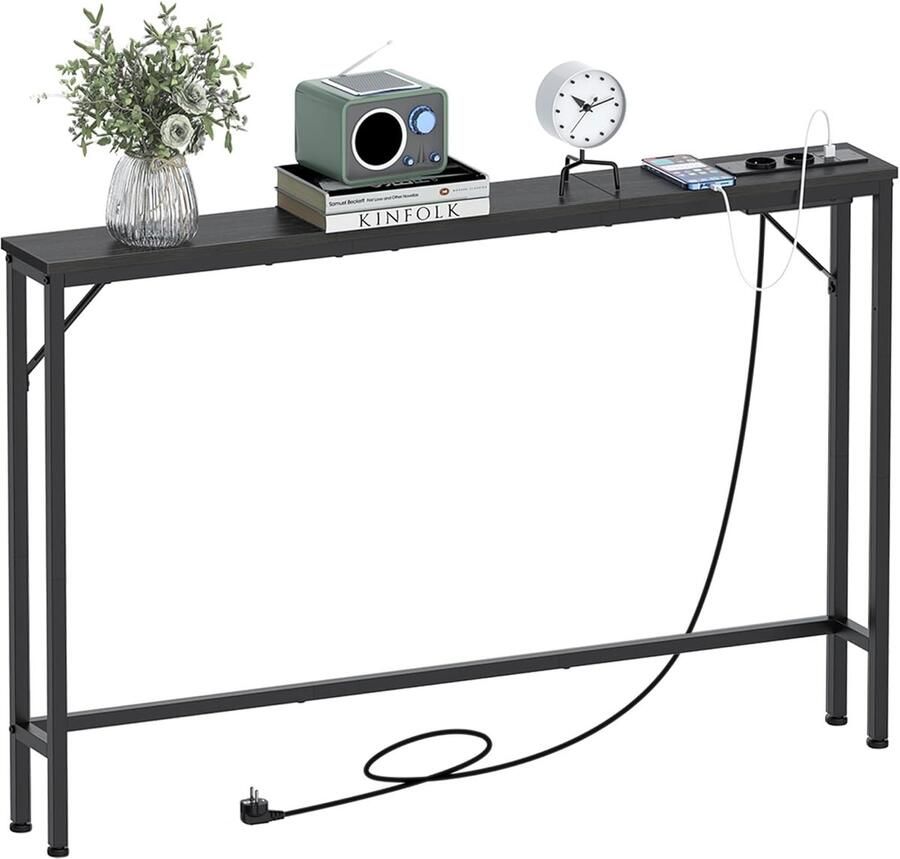 Smalle Consoletafel met Laadstation – 15 cm Breed – USB-poorten & Stopcontact – Bijzettafel voor Hal Woonkamer of Kantoor – Zwart Stalen Frame