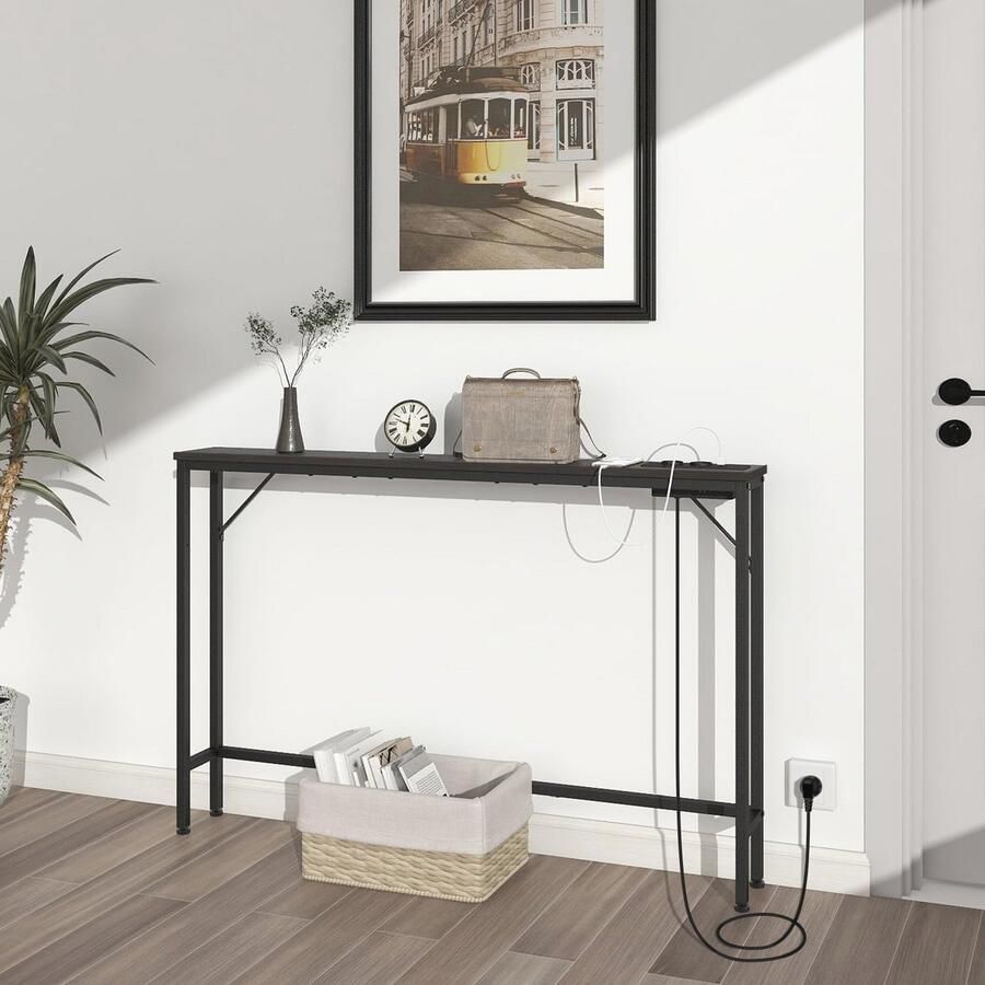 Smalle consoletafel met laadstation en USB-poorten Stabiel stalen frame Zwart voor entree woonkamer hal kantoor