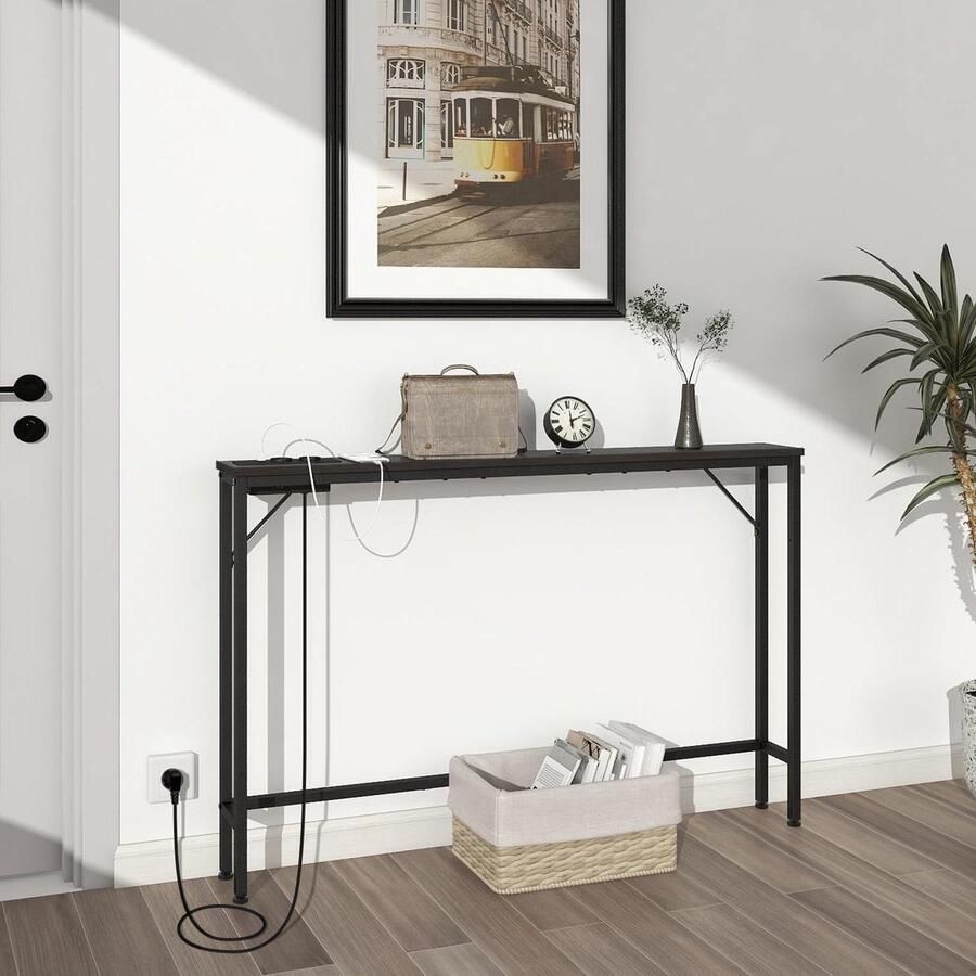 Smalle Consoletafel met Laadstation USB-poorten 15 cm Zwart Stalen Frame