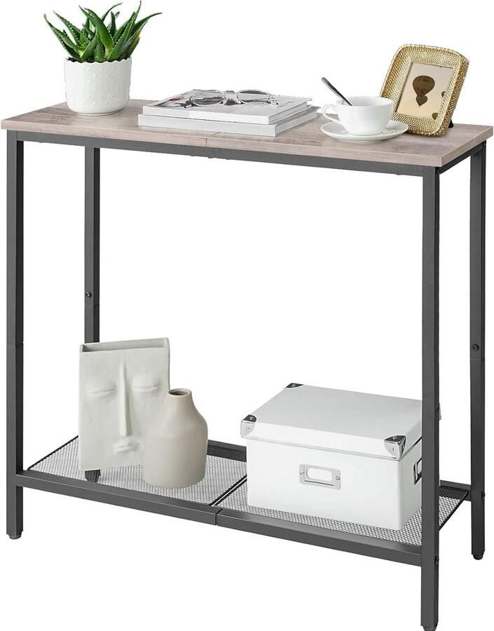Smalle consoletafel met legplanken 75 x 24 x 75 cm bijzettafel gangtafel kleine tentoonstellingtafel banktafel voor kleine ruimte voor ingang hal greige-zwart EBG74XG01