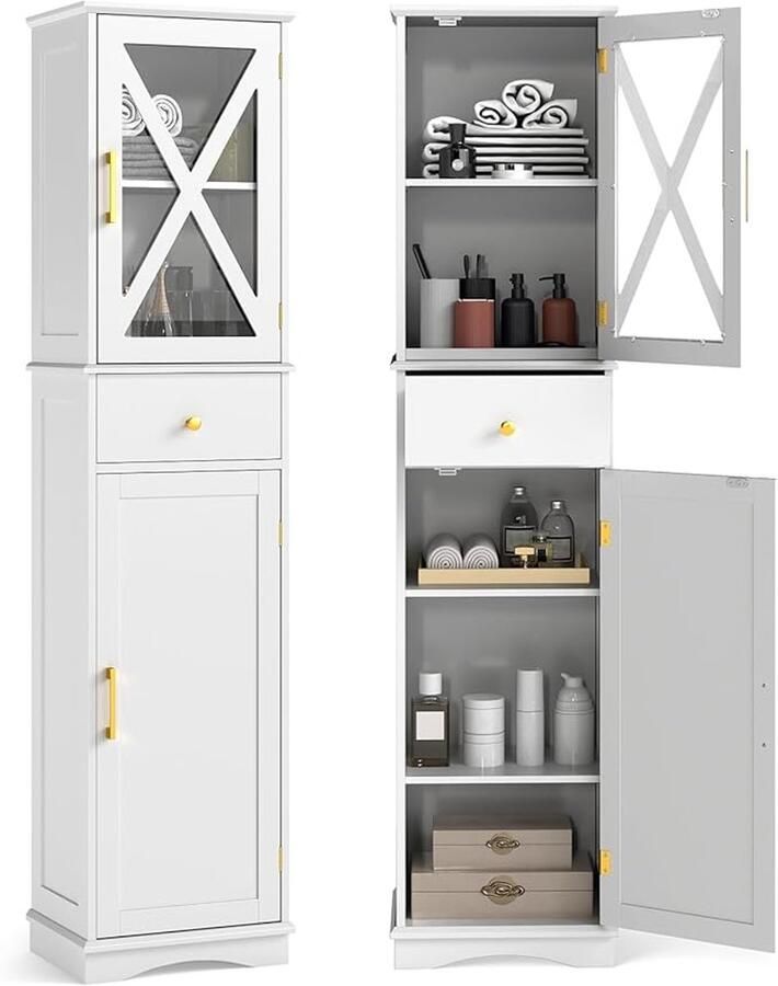 Smalle hoge badkamerkast met 2 deuren en lade – 3 verstelbare planken Opbergkast voor badkamer keuken en woonkamer