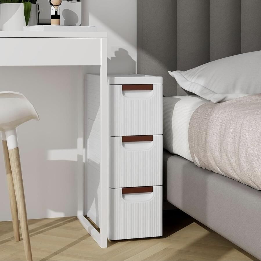 Smalle kast met wielen trolley en slanke organizer met 3 4 5 6 lades voor kleine ruimtes kunststof ladekast voor woonkamer badkamer keuken wit (42 x 19 x 57 cm)