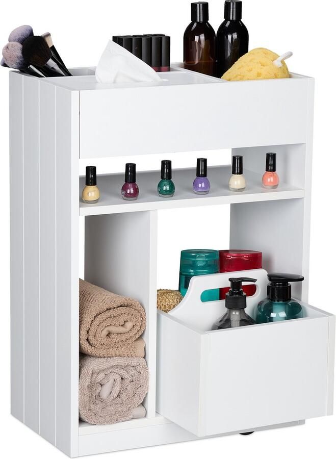Relaxdays smalle kast op wielen niskast keuken trolley badkamer kantoor wit