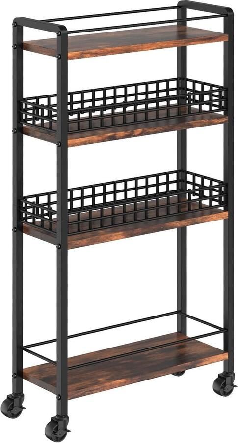EBF17TC01 Smalle keukentrolley op wielen – Opbergkar met 4 niveaus – Voor kleine ruimtes – Rustiek bruin zwart