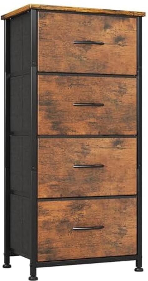 Smalle Ladekast met 4 Fabric Lade Metalen Frame en Houten Bovenkant voor Slaapkamer en Gang