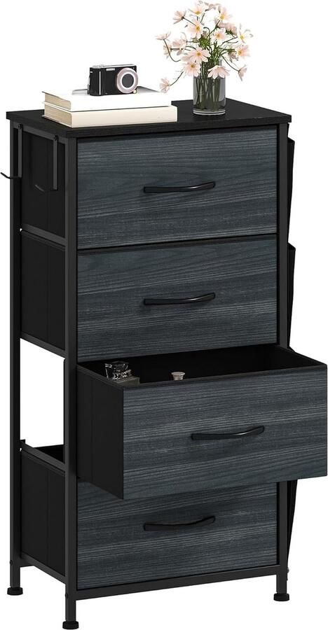 Smalle ladekast met 4 stoffen lades en stalen frame voor slaapkamer en woonkamer