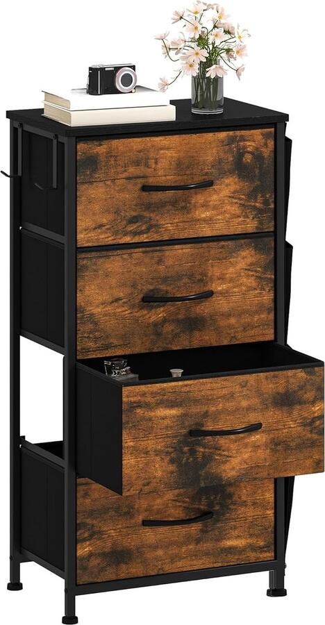 Smalle ladekast met 4 stoffen lades en stevig stalen frame – Perfect voor slaapkamer en woonkamer