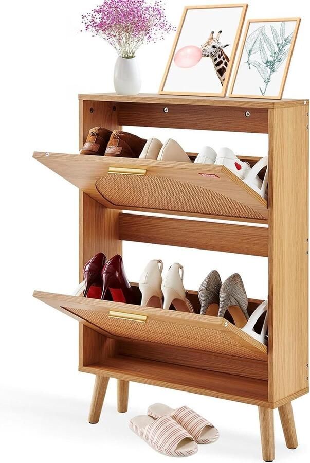 Smalle schoenenkast schoenenrek houtkleur 600 x 168 x 877 mm schoenenkantelaar met 2 kleppen + opbergvak bovenaan schoenenkist 36 28 kg draagvermogen massief houten schoenenopbergkast voor in de gang