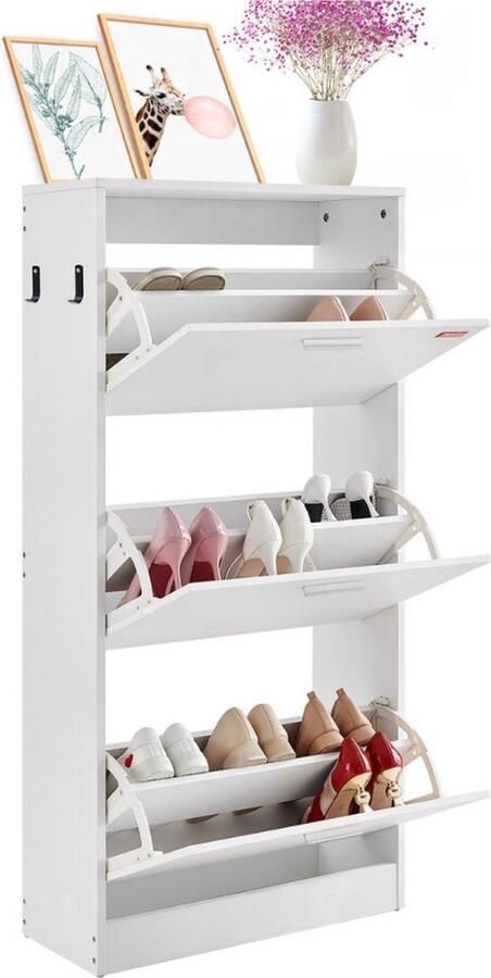 Smalle Schoenenkast Schoenenrek Wit 600 x 237 x 1200 mm Schoenenkantelaar met 3 Kleppen + Opbergvak Bovenaan Schoenenkist 45 35 kg Draagvermogen Massief Houten Schoenenopbergkast voor de Gang