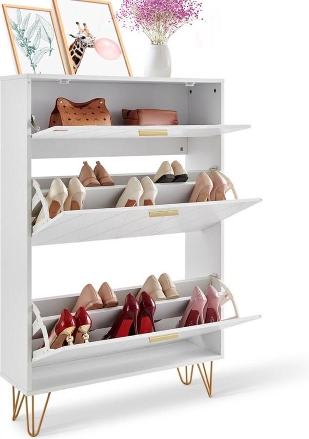 Smalle schoenenkast schoenenrek wit 800 x 239 x 1200 mm schoenenkantelaar met 3 kleppen + opbergvak bovenaan schoenenkist 68 kg draagvermogen schoenenopbergkast P2 spaanplaat voor gang