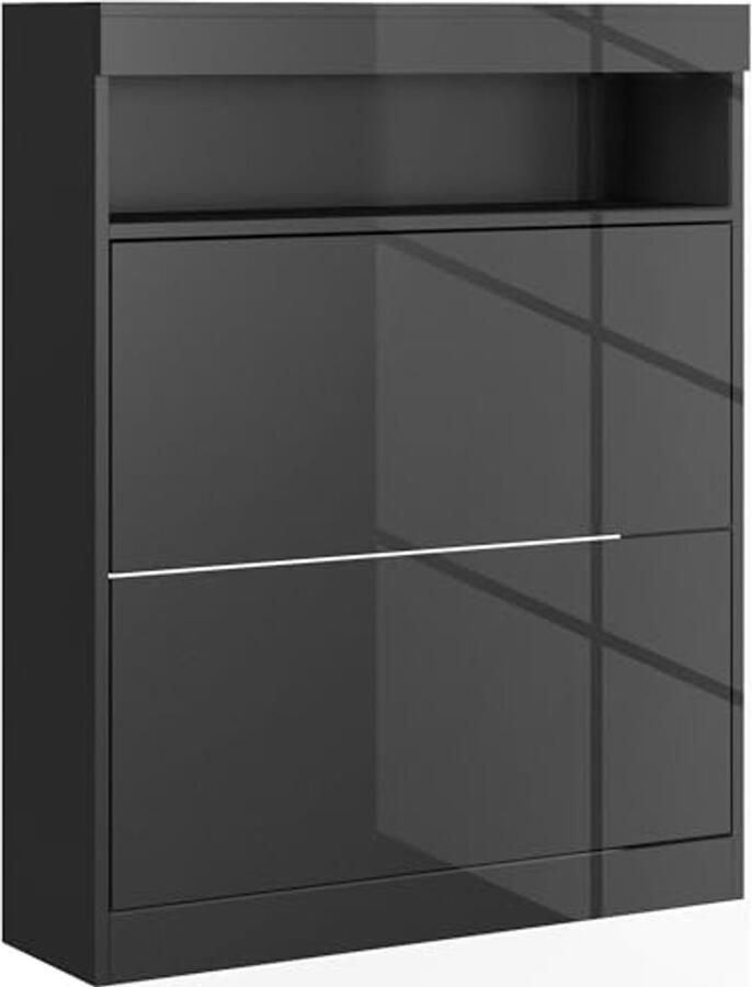 Smalle schoenenkast voor wandmontage of vrijstaand met 2 klapladen en open plank voor 12-16 paar schoenen Zwart