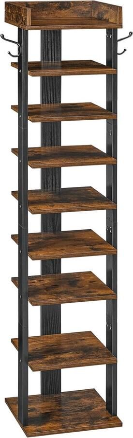 Smalle schoenenrek 9-laags hoog schoenenrek houten schoenenopbergorganizer met 2 haken slanke schoenenplank verticale schoenentoren voor ingang industrieel rustiek bruin en zwart