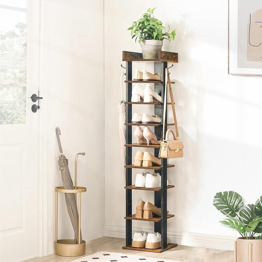 Smalle schoenenrek 9-laags hoog schoenenrek houten schoenenopbergorganizer met 2 haken slanke schoenenplank verticale schoenentoren voor ingang industrieel rustiek bruin en zwart