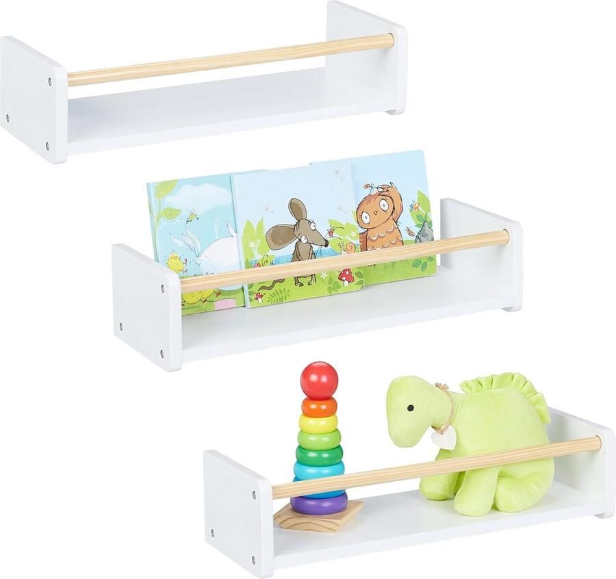 Smalle wandplank voor de kinderkamer set van 3 wit hout 12x50x18 cm