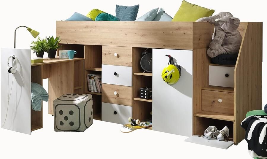 Smart Hoogslaper met Bureau en Opbergruimte voor Kinderen en Tieners Multifunctioneel Stapelbed 248 5x93x123 cm