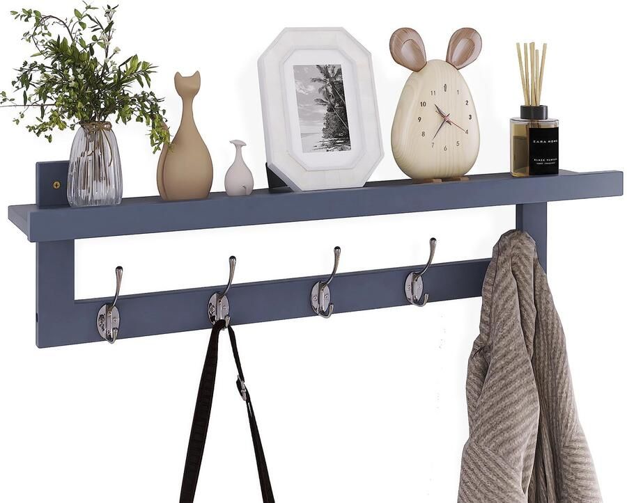 SMIBUY kapstok met plank voor wandmontage 74 cm halkapstok voor aan de muur bamboe hangplank met 5 dubbele metalen haken voor badkamer slaapkamer keuken woonkamer bijkeuken (grijs)