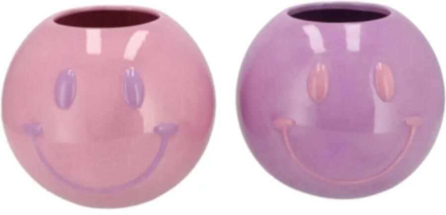 Smiley Bloempotje vaasje Set – Lila Roze – 11x11x9 cm – Set van 2 – Vrolijke Decoratie voor Kinderkamer of Bureau