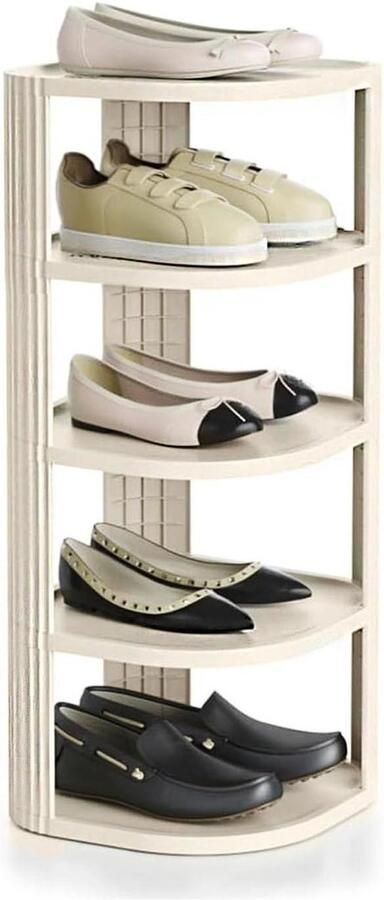 Smoakez Schoenenrek Smal 5-laags Ruimtebesparend Plastic Schoenenrek Smal Hoog Verstelbaar Schoenenstandaard voor Hoek Hal Woonkamer Badkamer Ingang Crèmekleurig
