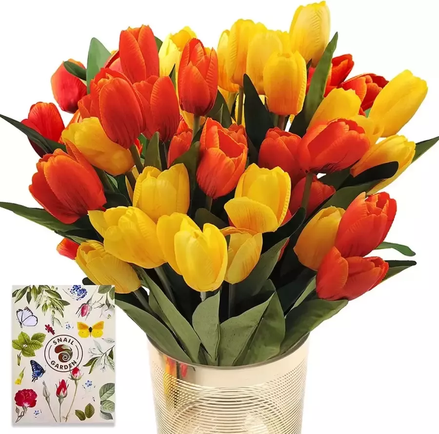 SNAILGARDEN 36 hoofden nep faux tulpen 12 inch kunstmatige zijden tulpen bloemen met wenskaart voor bruids bruiloft thuis feest tafel festival bloemstukken decor (rood geel)