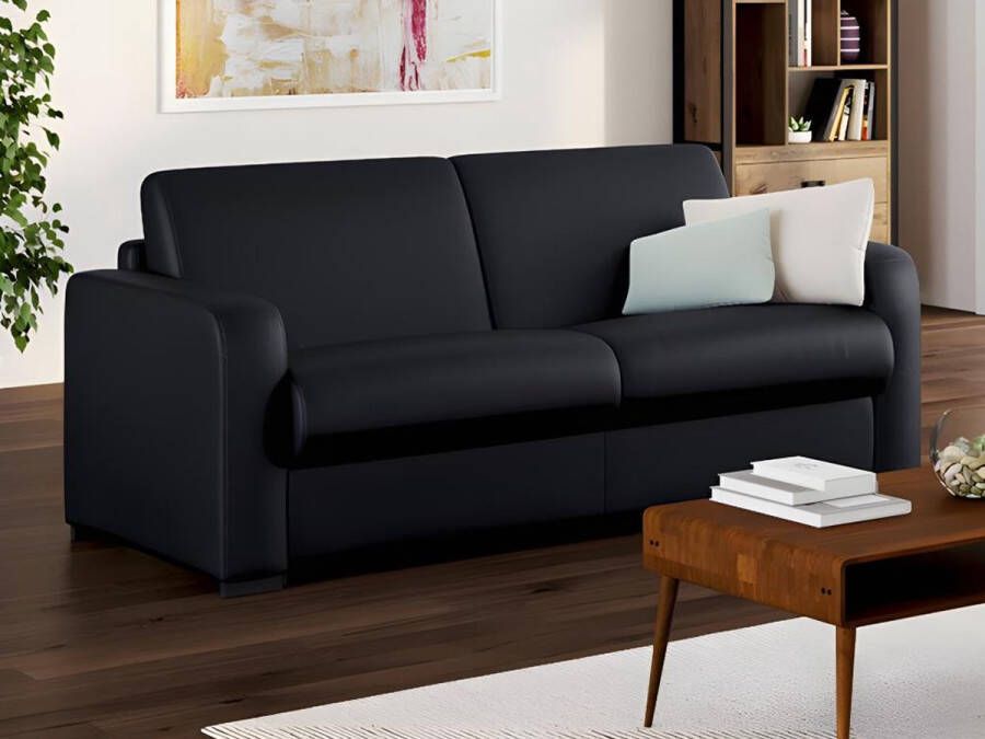 Vente-unique Snel uit te klappen driezitsslaapbank van zwart leer BEVIS Matras 16 cm L 198 cm x H 90 cm x D 208 cm