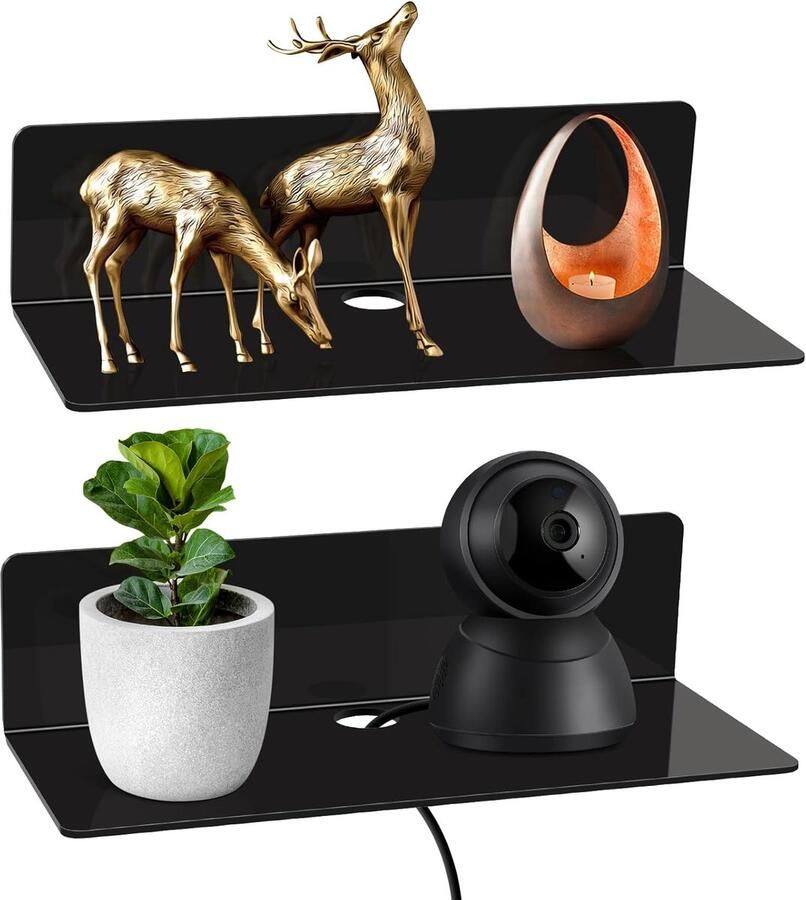 Zwevende Wandplank Zonder Boren Set van 2 Acryl Planken met Kabelclips voor Keuken Slaapkamer en Kantoor