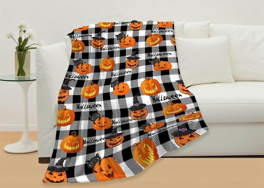 Sniperoal Pompoen Halloween deken zwart buffalo plaid sprei geruit zachte flanellen deken cadeau voor bank bed kantoor 130 x 150 cm Halloween griezelige pompoen)