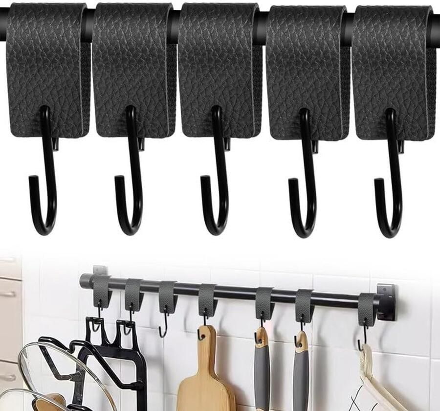 SNONESIY 5 stuks S-haken met leren lus Metaal 100% metalen kapstokhaak voor stang Geschikt voor kleding keuken en badkamer