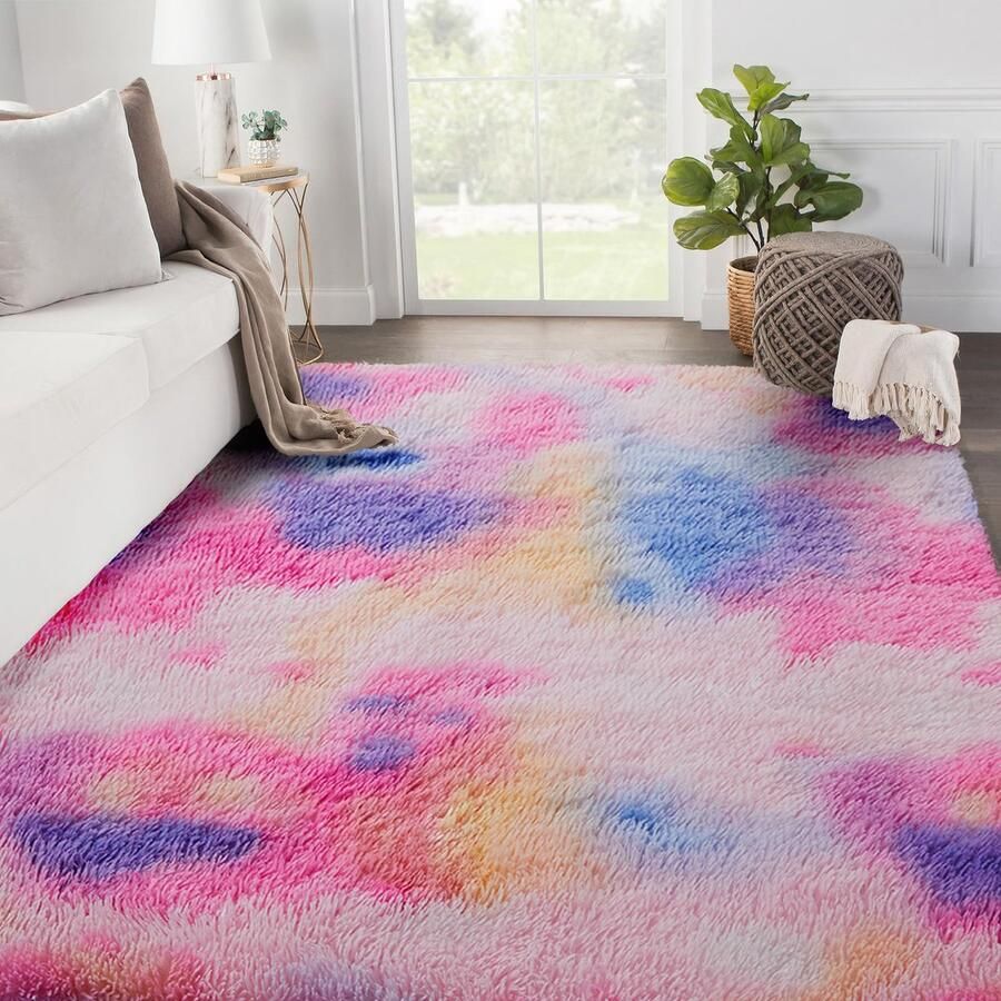 SOANNY Groot hoogpolig tapijt voor de woonkamer wasbaar antislip pluizig tie-dye langpolig shaggy voor de slaapkamer kinderkamer nachtkastje 240 x 300 cm roze regenboog