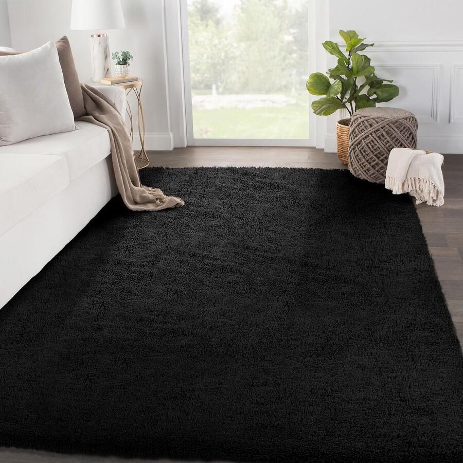 SOANNY hoogpolig vloerkleed voor de woonkamer effen zwart wasbaar antislip pluizig modern vloerkleed voor de slaapkamer en kinderkamer 90 x 150 cm