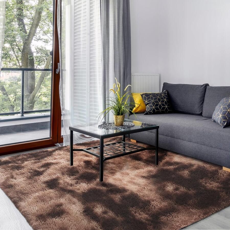 SOANNY hoogpolig vloerkleed voor de woonkamer wasbaar antislip en pluizig tie-dye hoogpolig shaggy vloerkleed voor de slaapkamer en kinderkamer nachtkastje 140 x 200 cm bruin
