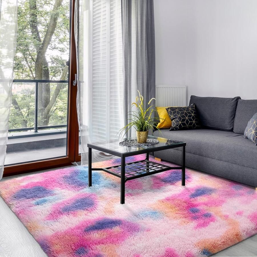 SOANNY hoogpolig vloerkleed voor de woonkamer wasbaar antislip en pluizig groot tie-dye hoogpolig shaggy vloerkleed voor de slaapkamer en kinderkamer nachtkastje 200 x 300 cm roze regenboog