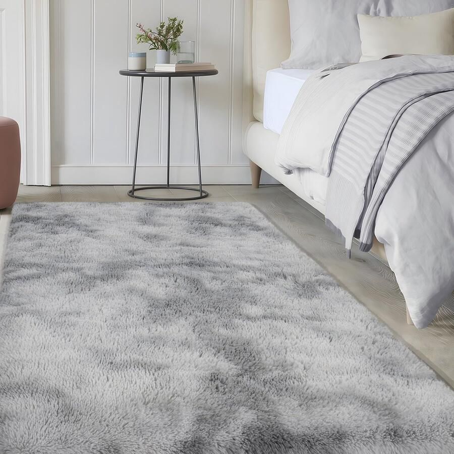SOANNY hoogpolig vloerkleed voor de woonkamer wasbaar antislip en pluizig tie-dye hoogpolig vloerkleed voor de slaapkamer en kinderkamer nachtkastje 120 x 180 cm lichtgrijs