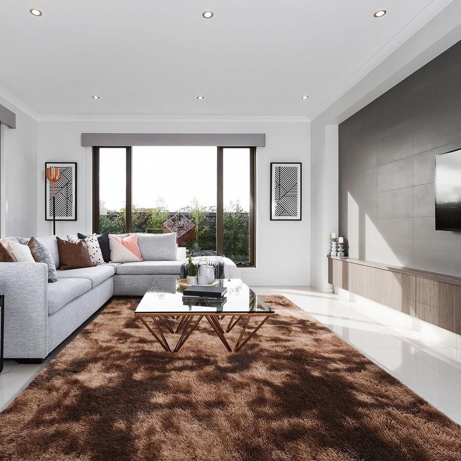 SOANNY hoogpolig vloerkleed voor de woonkamer wasbaar antislip en pluizig tie-dye hoogpolig vloerkleed voor de slaapkamer en kinderkamer nachtkastje 90 x 150 cm bruin