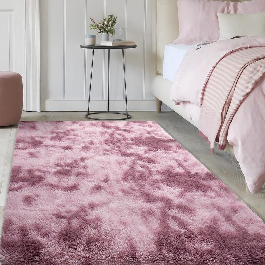 SOANNY hoogpolig vloerkleed voor de woonkamer wasbaar antislip en pluizig tie-dye hoogpolig vloerkleed voor de slaapkamer en kinderkamer nachtkastje 90 x 150 cm donkerroze
