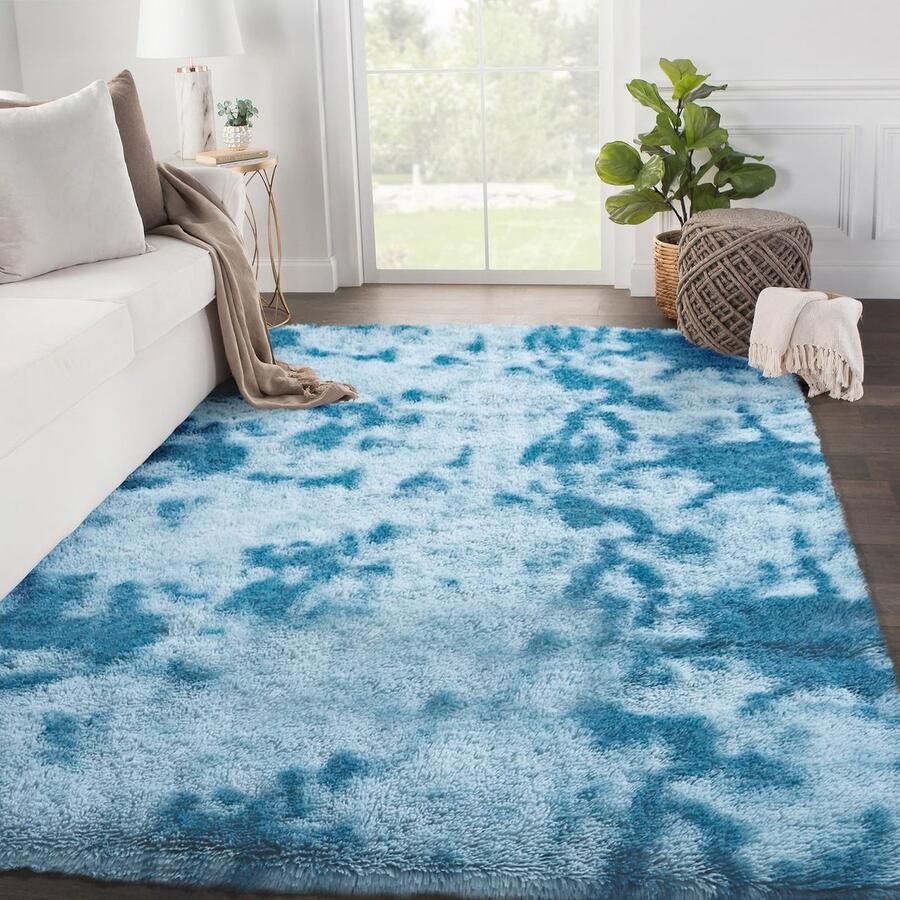 SOANNY hoogpolig vloerkleed voor de woonkamer wasbaar antislip en pluizig tie-dye hoogpolig vloerkleed voor de slaapkamer en kinderkamer nachtkastje 120 x 180 cm donkerblauw