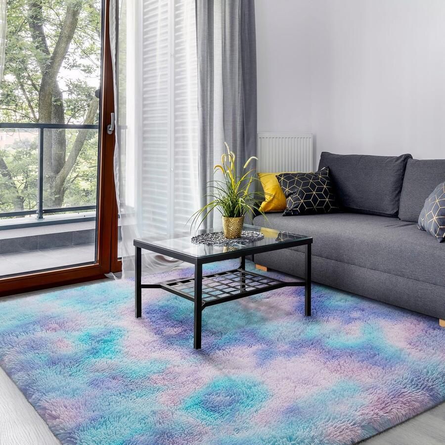SOANNY hoogpolig vloerkleed voor de woonkamer wasbaar antislip en pluizig groot tie-dye hoogpolig shaggy vloerkleed voor de slaapkamer en kinderkamer nachtkastje 200 x 300 cm turquoise paars