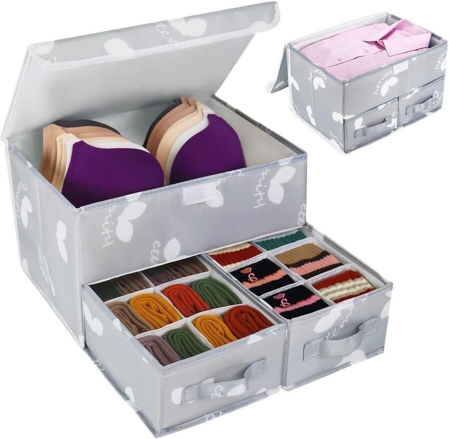 Sock Underwear Drawer Organizer with Lid Clothes Storage Boxes with Dividers Foldable Fabric Closet Organizer for Bra Sock Shirt Sweater Leggings Trousers Ties (1 Pack)