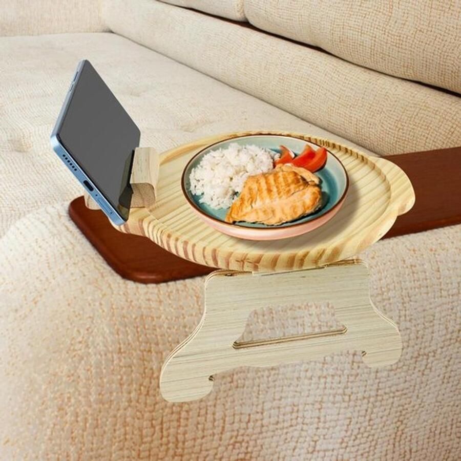 Sofa Arm Tray Tafel Met Roterende Mobiele Houder Bamboe Handig in Gebruik