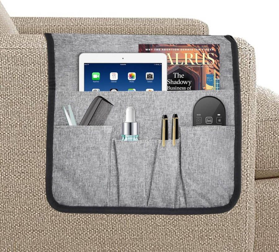 Sofa Armleuning Organisator Bank Organisator Antislip Fauteuil Hangende Opbergtas 5 Zakken voor Mobiele Telefoon Boek Tijdschriften TV Afstandsbediening Tablets Bril (Grijs)