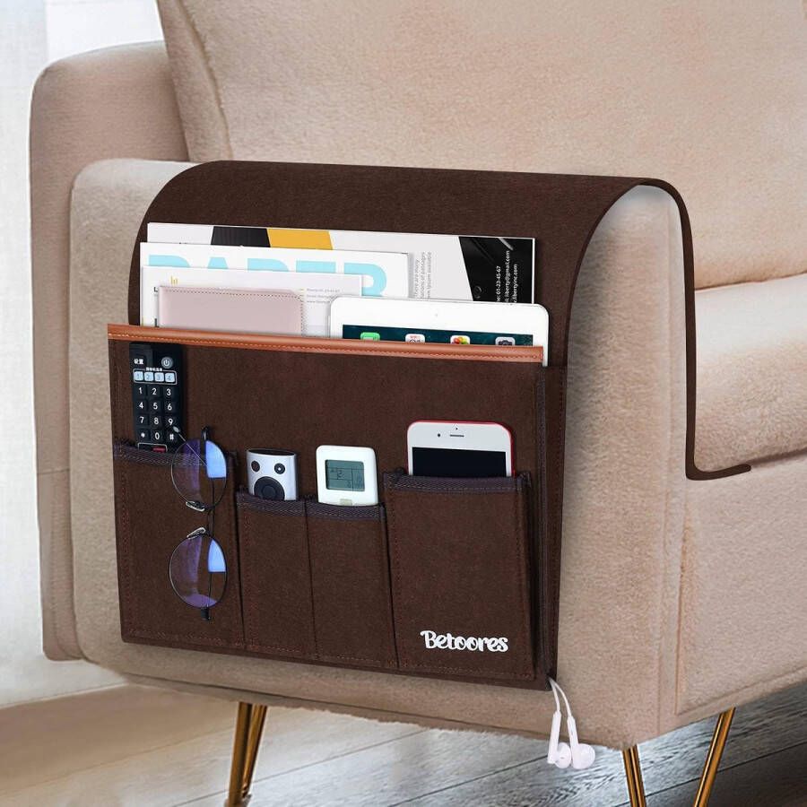 Sofa-armleuning-organizer bank-organizer bedtas om op te hangen vilten hangende organizer-tas met 5 vakken voor bank stoel bed bedleuning bureaus toonbanken kast TV koffiebruin