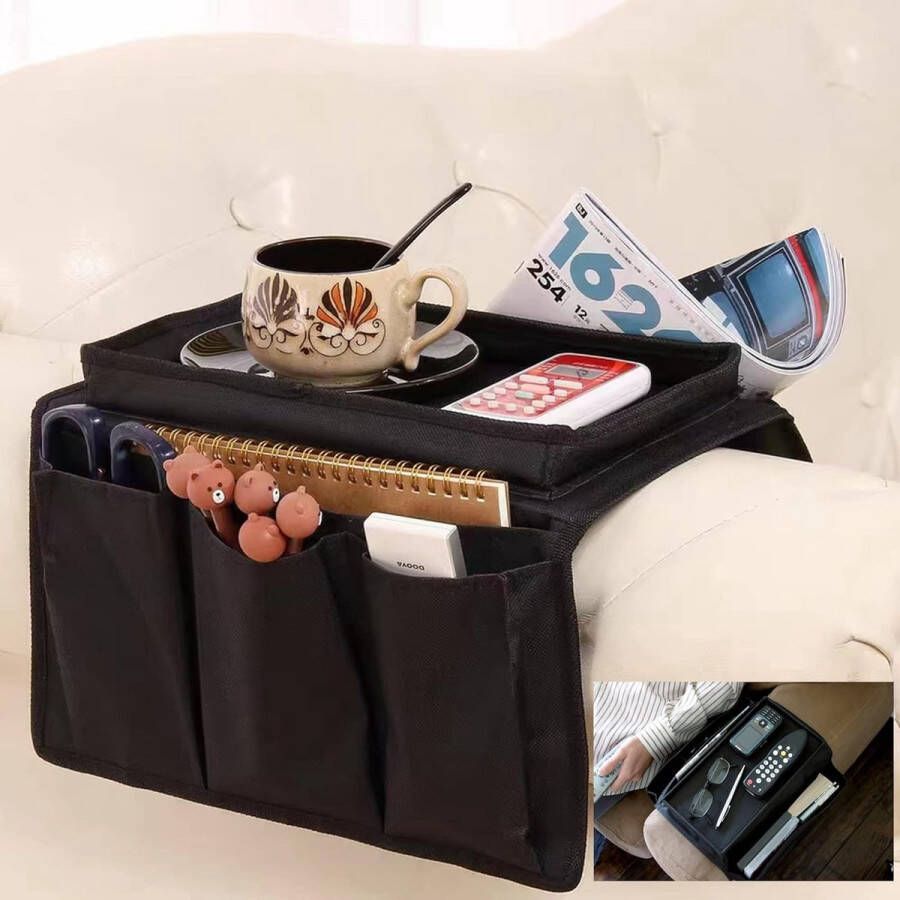 Sofa Armleuning Organizer Banktas met Bekerhouder Antislip Sofa Armleuning Organizer Bank Afstandsbediening Caddy met 1 Grote Zakken en 3 Kleine Zakken voor Smartphone Tijdschriften Dranken