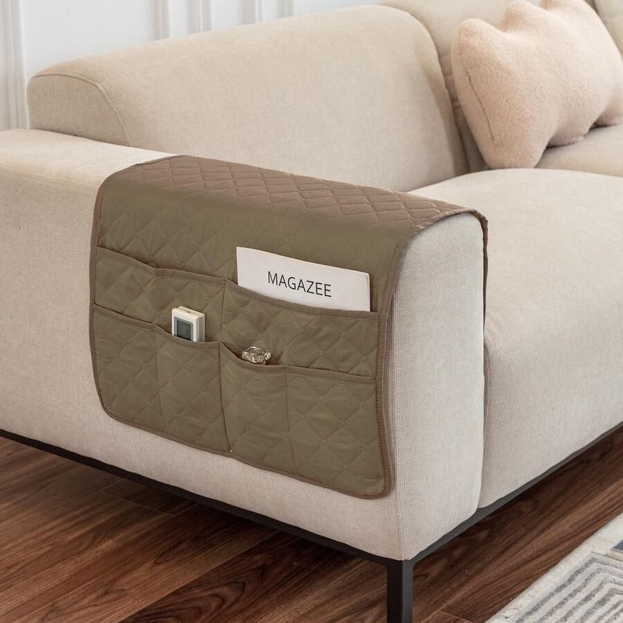 Sofa Armleuninghoes 1-delige set Verwijderbare meubelarmleuningbeschermer Opbergdoos voor afstandsbediening van de bank Met 6 opbergvakken Spatwaterafstotend Voor decoratie en organisatie van meubels 90x50cm Korenaar-donkergrijs - Foto 6