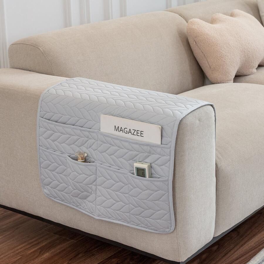 Sofa Armleuninghoes 1-delige set Verwijderbare meubelarmleuningbeschermer Opbergdoos voor afstandsbediening van de bank Met 6 opbergvakken Spatwaterafstotend Voor decoratie en organisatie van meubels 90x50cm Korenaar-donkergrijs - Foto 4