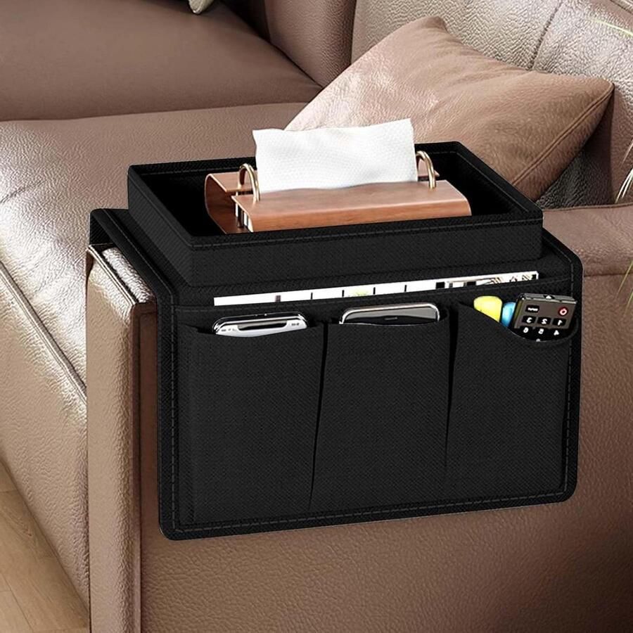 Sofa Armsteun Organizer Opbergtas met Bekerhouder Voor afstandsbedieningen en telefoon Zwart
