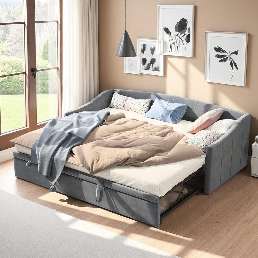 Sofa Bed 90x200 cm Grijs Fluweel Uitklapbare Bedbank Comfortabel en Stijlvol Modern Design
