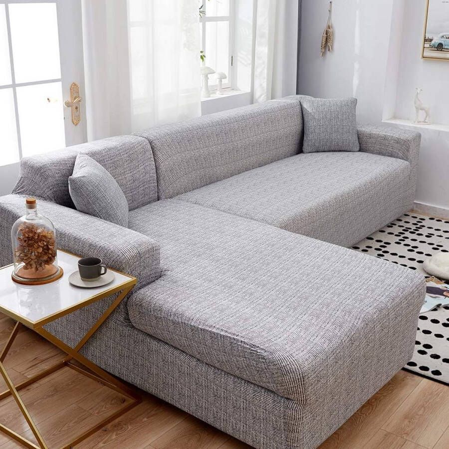 Sofa dekens elastische stretch sofa overtrek set van 2 3-zits voor L-vormige sofa incl. 2 stuks kussensloop (lichtgrijs)