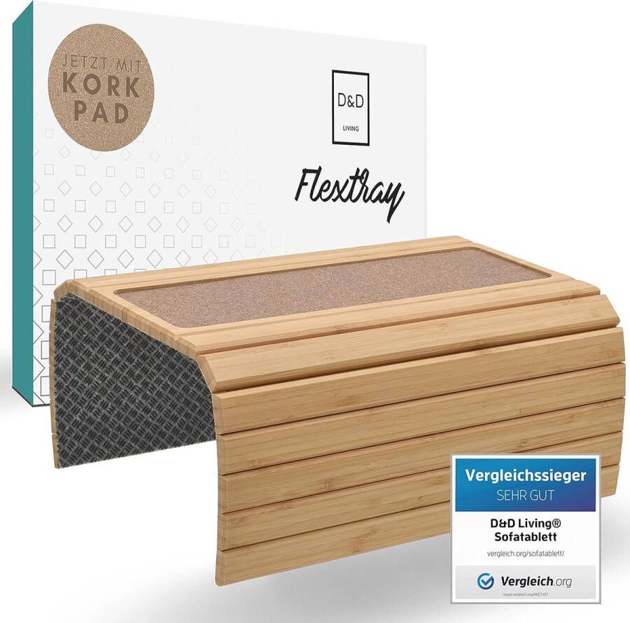 Sofa Tray Bankplank Flexibel voor Armleuning met Antislip Kurk Pad Dienblad voor Bank met 47 x 34 cm Duurzaam Bamboe Naturel Large