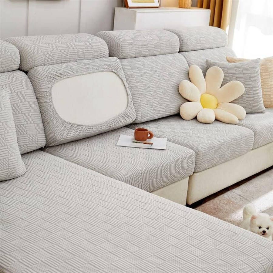 Sofa Zitkussen hoezen universele stretch bankhoezen bankhoes L-vorm zachte hoes voor bank chaise hoezen bankkussenbeschermers (lichtgrijs cookie) - Foto 7