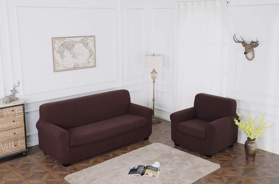 Sofahoezen+Kussenhoes Stretch meubelhoes voor fauteuil Huisdierhoezen Meubelbeschermer Hoesjes Zetelovertrek Bankbeschermer Jacquard Bankhoes(Fauteuil Chocolade)